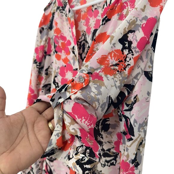 Chaus New York Floral Button-Down Blouse SZ L PinkOrange Lightweight Long Sleeve - Picture 8 of 12